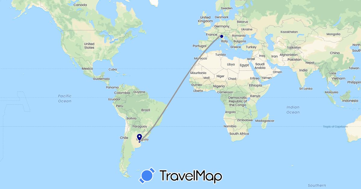 TravelMap itinerary: driving, plane, hiking in Argentina, Brazil, Italy (Europe, South America)